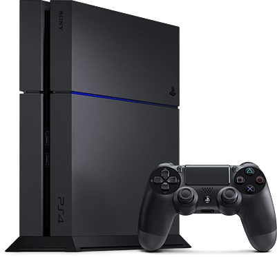 A Playstation 4 alongside its wireless controller.
